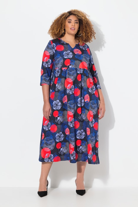 Abstract Floral Print 3/4 Sleeve Jersey Swing Empire Dress