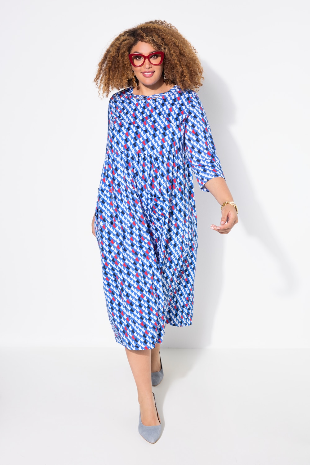 Jerseykleid, Zierbänder, A-Linie, Rundhals, 3/4-Arm