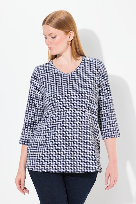 Shirt, Hahnentritt, V-Ausschnitt, 3/4-Arm, Pima Cotton