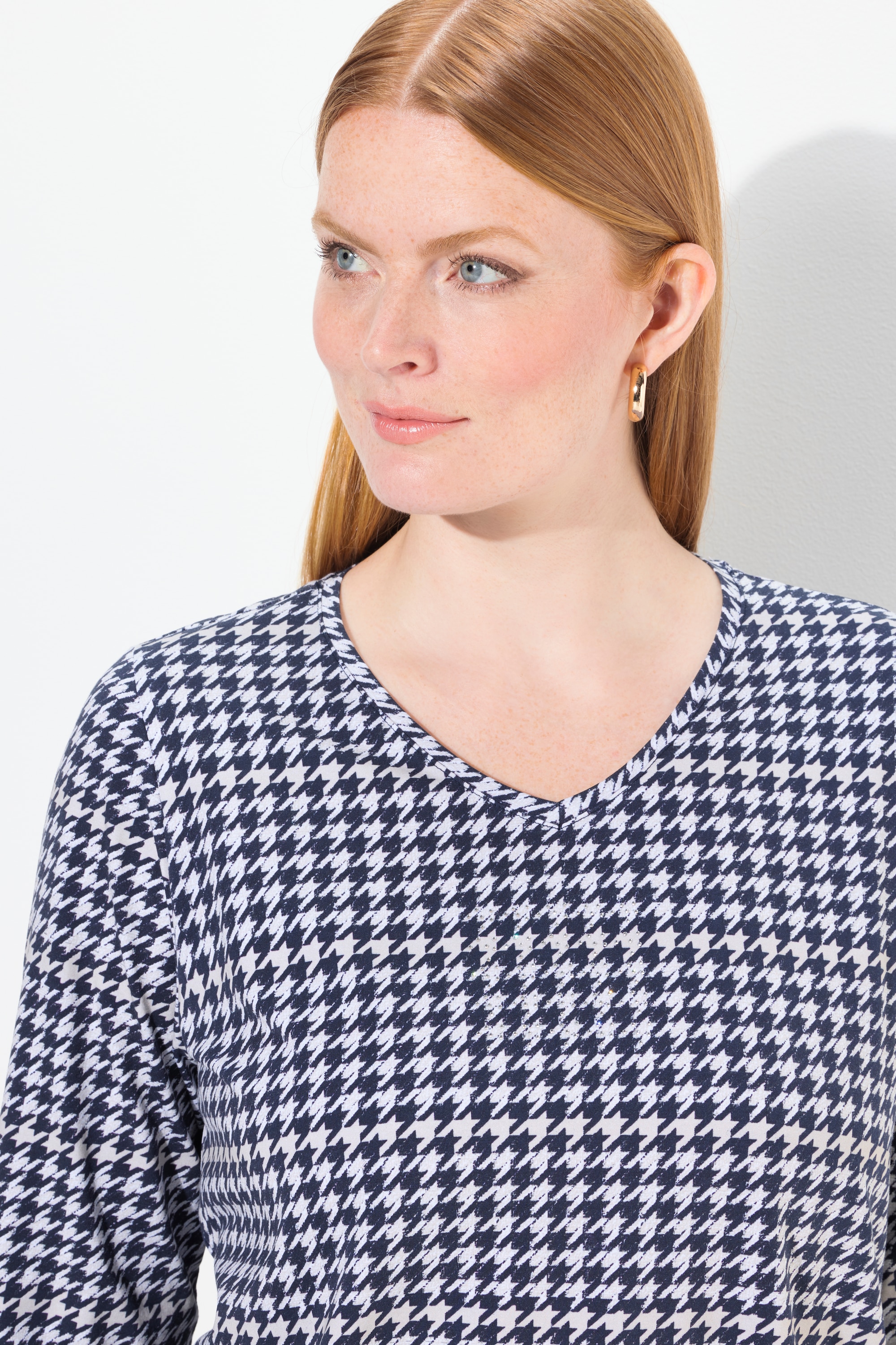 Ulla Popken Damen große Größen Shirt Hahnentritt V Ausschnitt 3 4 Arm