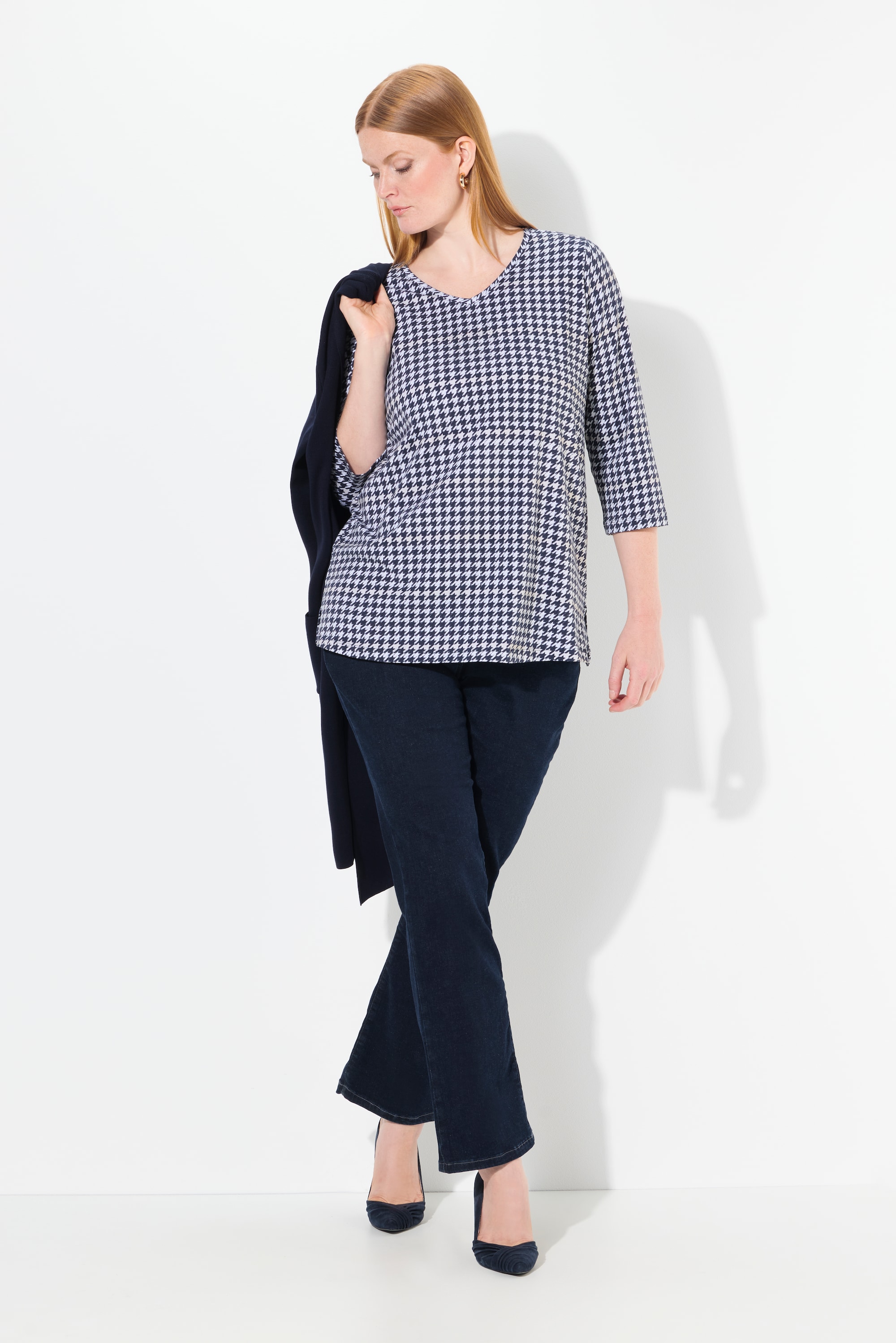 Ulla Popken Damen große Größen Shirt Hahnentritt V Ausschnitt 3 4 Arm