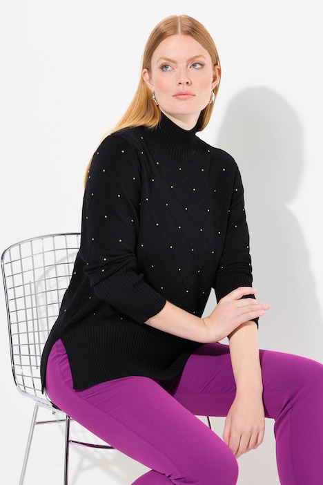 Maglione lungo con rombi, applicazioni, colletto alto e maniche lunghe