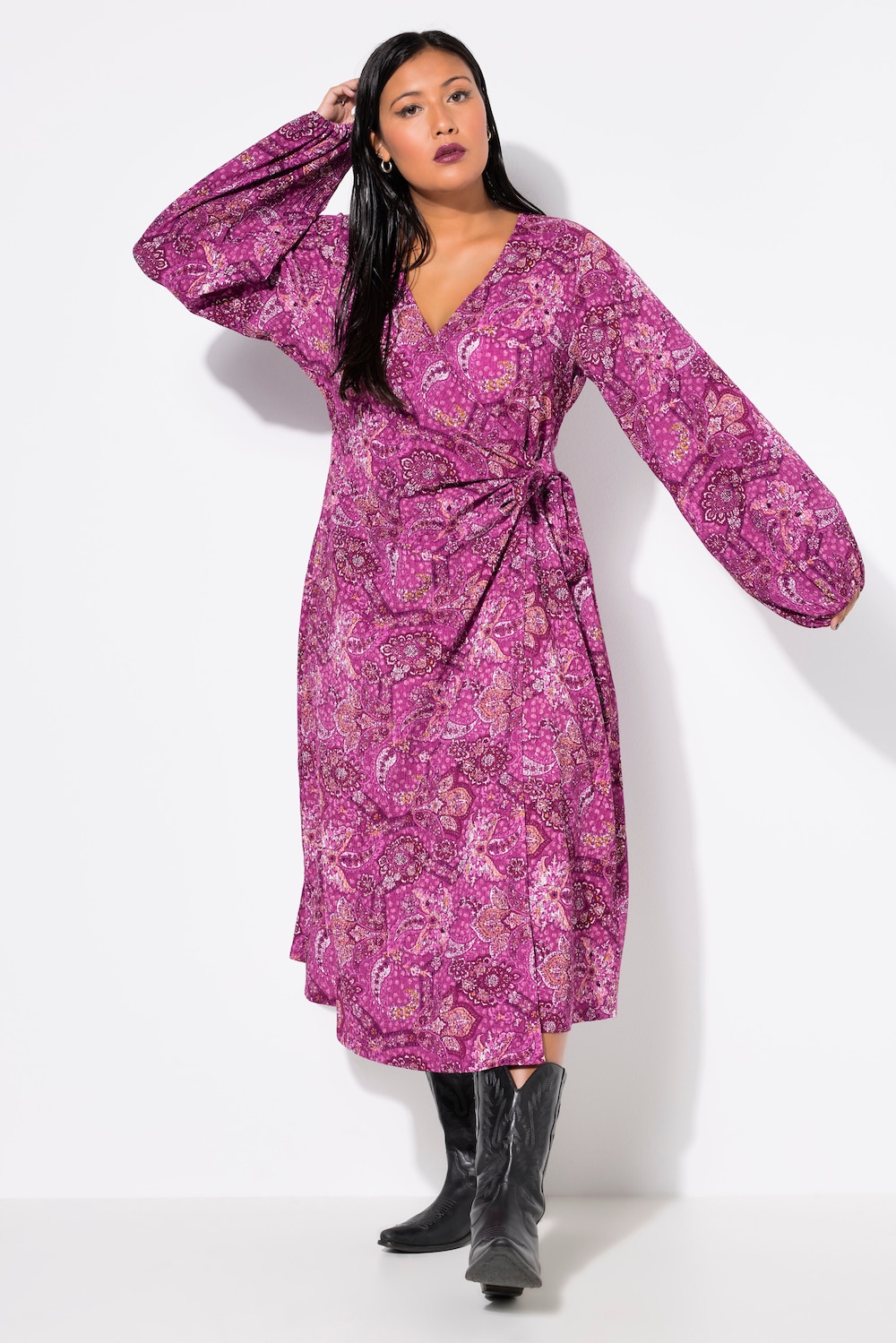 Maxi-Wickelkleid, Straight Shape, Alloverprint, Ballonärmel