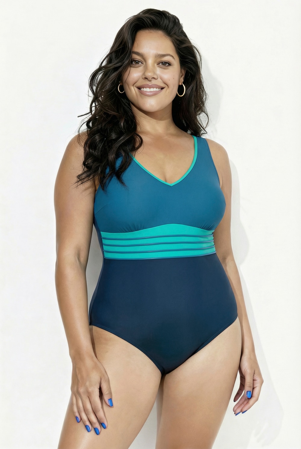 Badeanzug, Gold-Piping, Softcups, V-Ausschnitt, recycelt