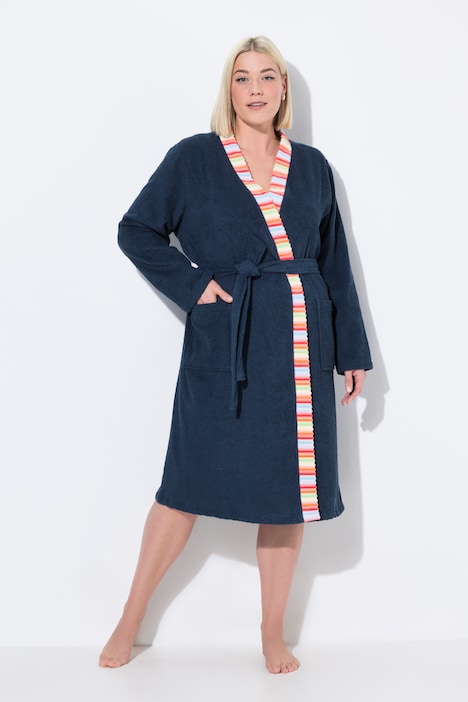 Striped Trim Terrycloth Belted Tie Waist Bathrobe