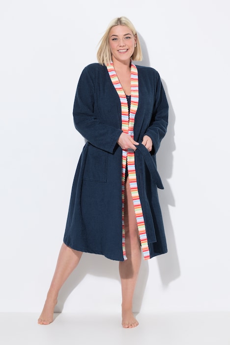 Striped Trim Terrycloth Belted Tie Waist Bathrobe