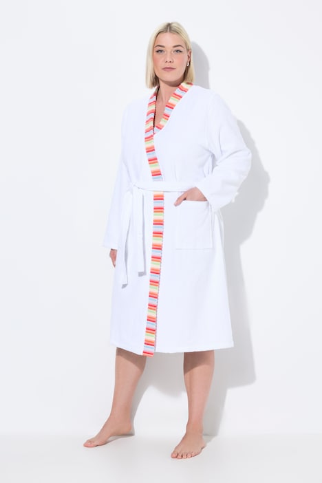 Striped Trim Terrycloth Belted Tie Waist Bathrobe