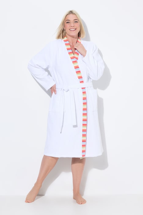 Striped Trim Terrycloth Belted Tie Waist Bathrobe