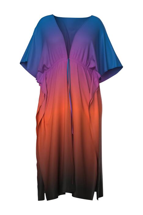 Kaftan, barevný přechode, palmy, výstřih do V, krátké rukávy