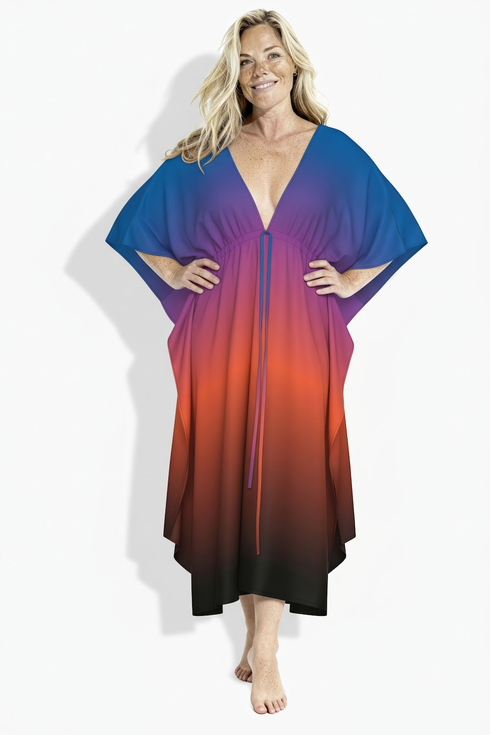 Kaftan, Farbverlauf, Palmen, V-Ausschnitt, Halbarm