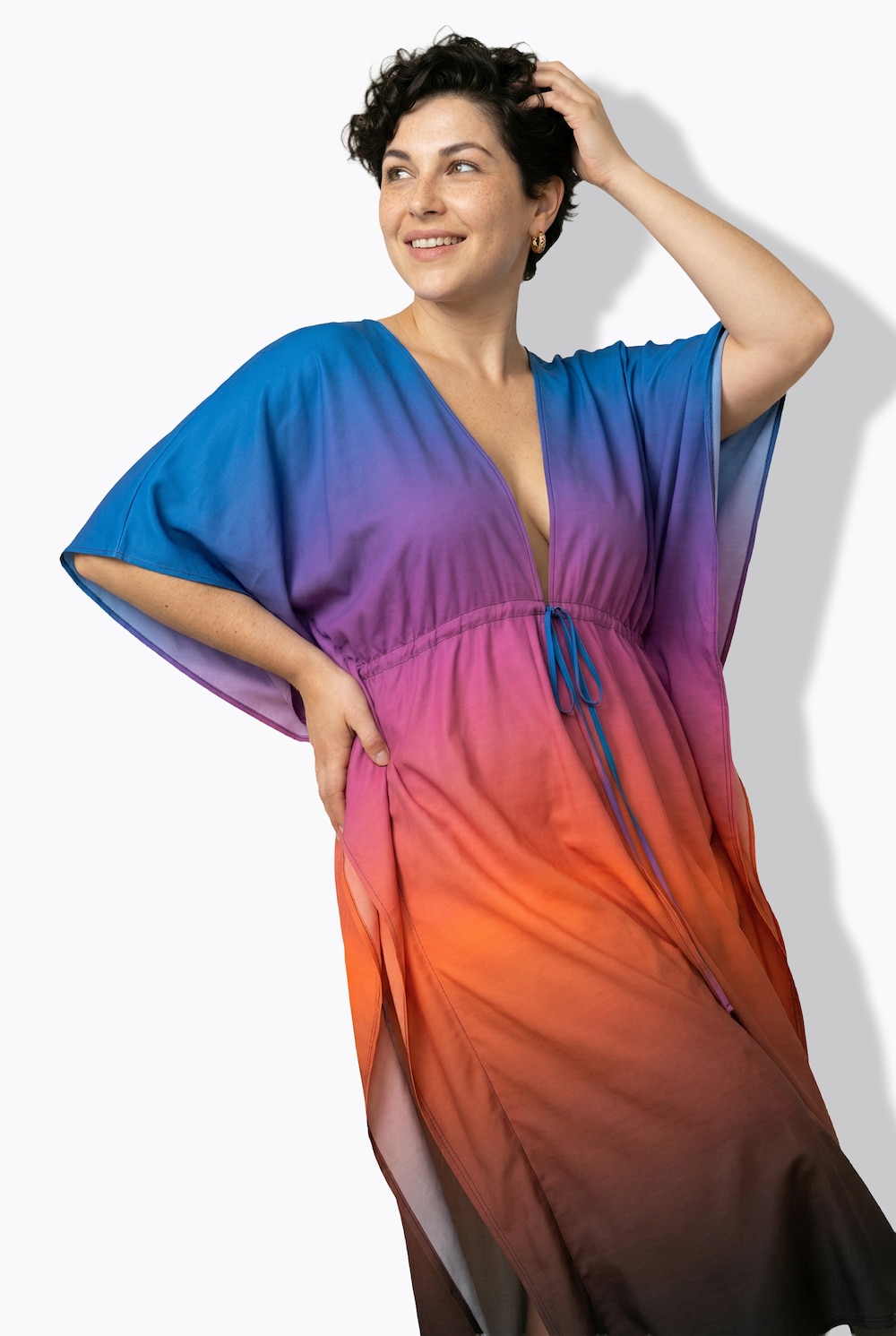 Kaftan, Farbverlauf, Palmen, V-Ausschnitt, Halbarm
