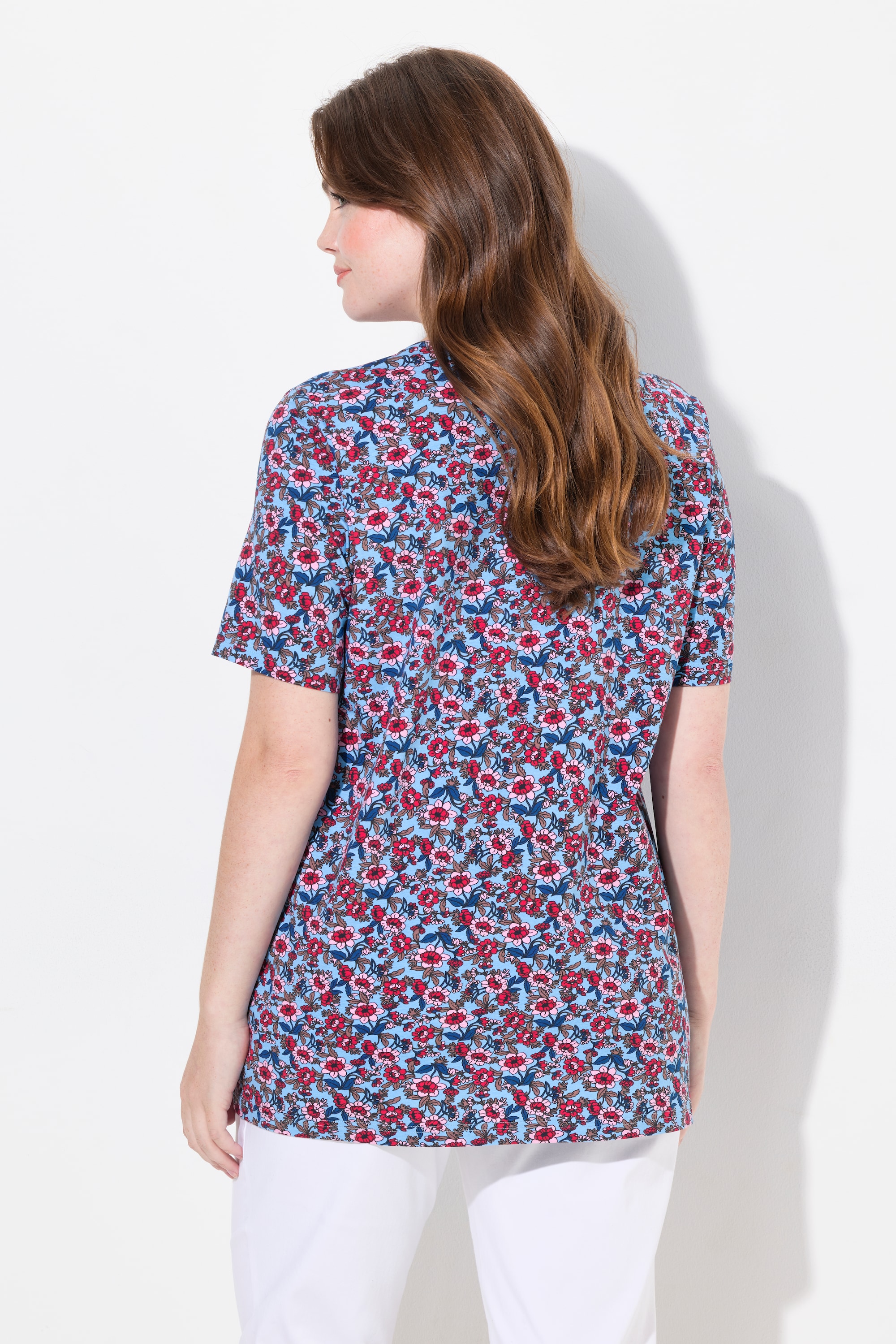 Ulla Popken Damen große Größen T Shirt Blüten A Linie V Ausschnitt