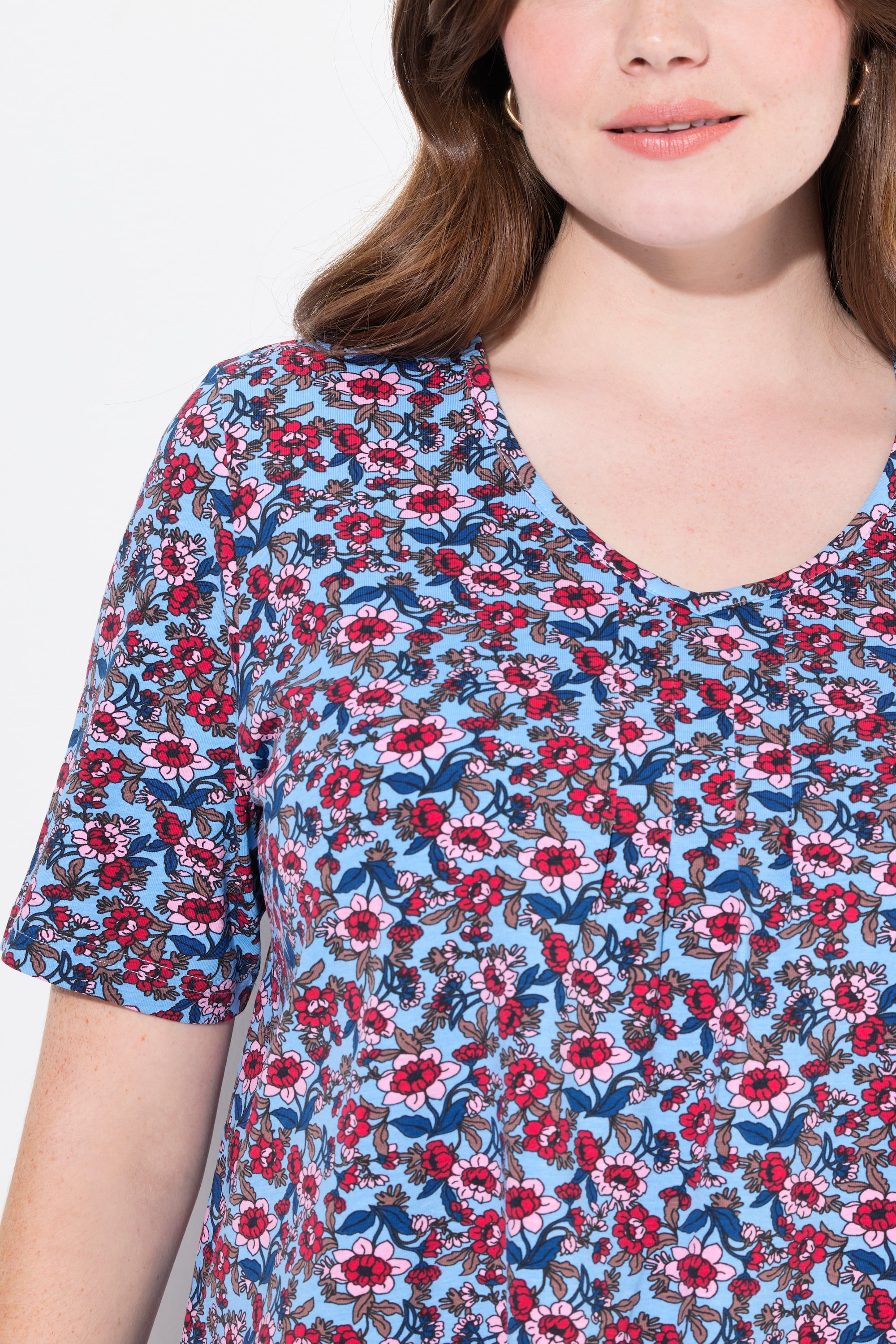 Ulla Popken Damen große Größen T Shirt Blüten A Linie V Ausschnitt