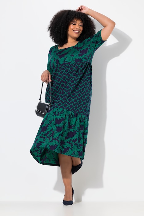 Mixed Print Short Sleeve Square Neck Knit Pocket Dress