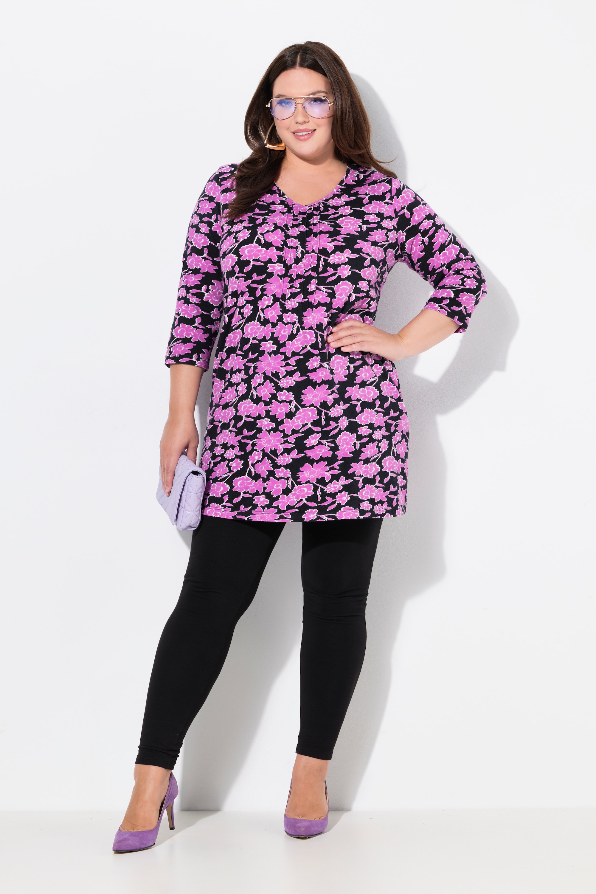 Ulla Popken Damen große Größen Longshirt Biesen A Linie V Ausschnitt