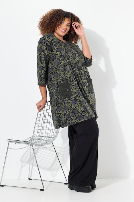 Mix Print Patch Pocket Empire Knit A-line Tunic