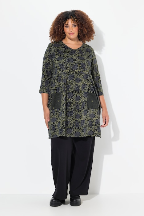 Mix Print Patch Pocket Empire Knit A-line Tunic