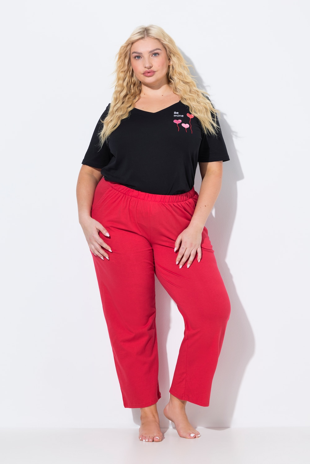 Pyjamabroek, effen / harten, lange pijpen