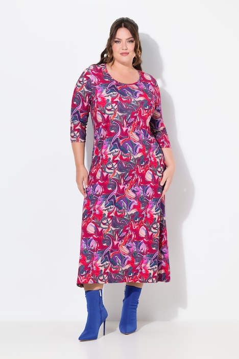 Water Marble Print 3/4 Sleeve Jersey Swing Dress