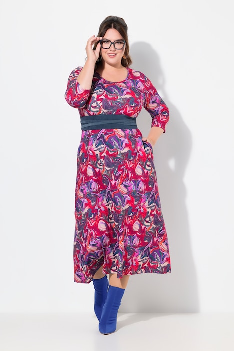 Water Marble Print 3/4 Sleeve Jersey Swing Dress