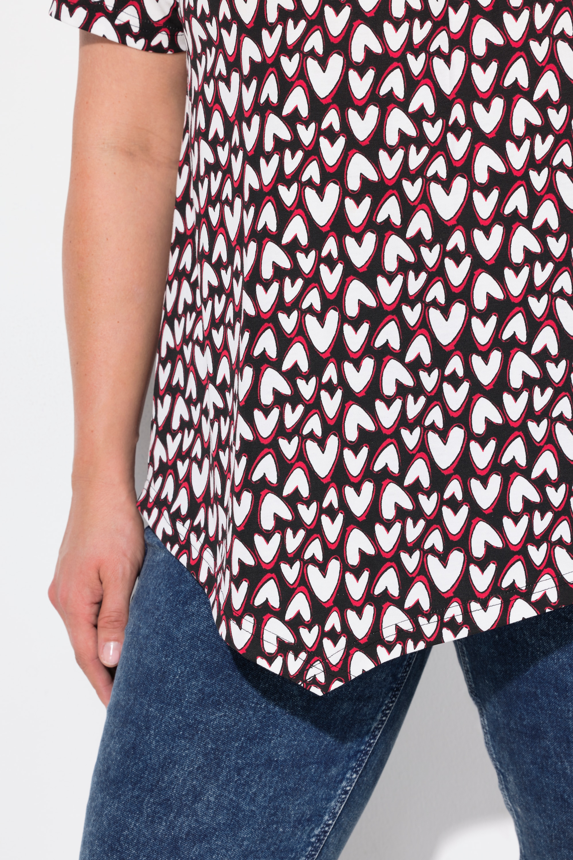 Ulla Popken Damen große Größen T Shirt Herzen Zipfelsaum V Ausschnitt