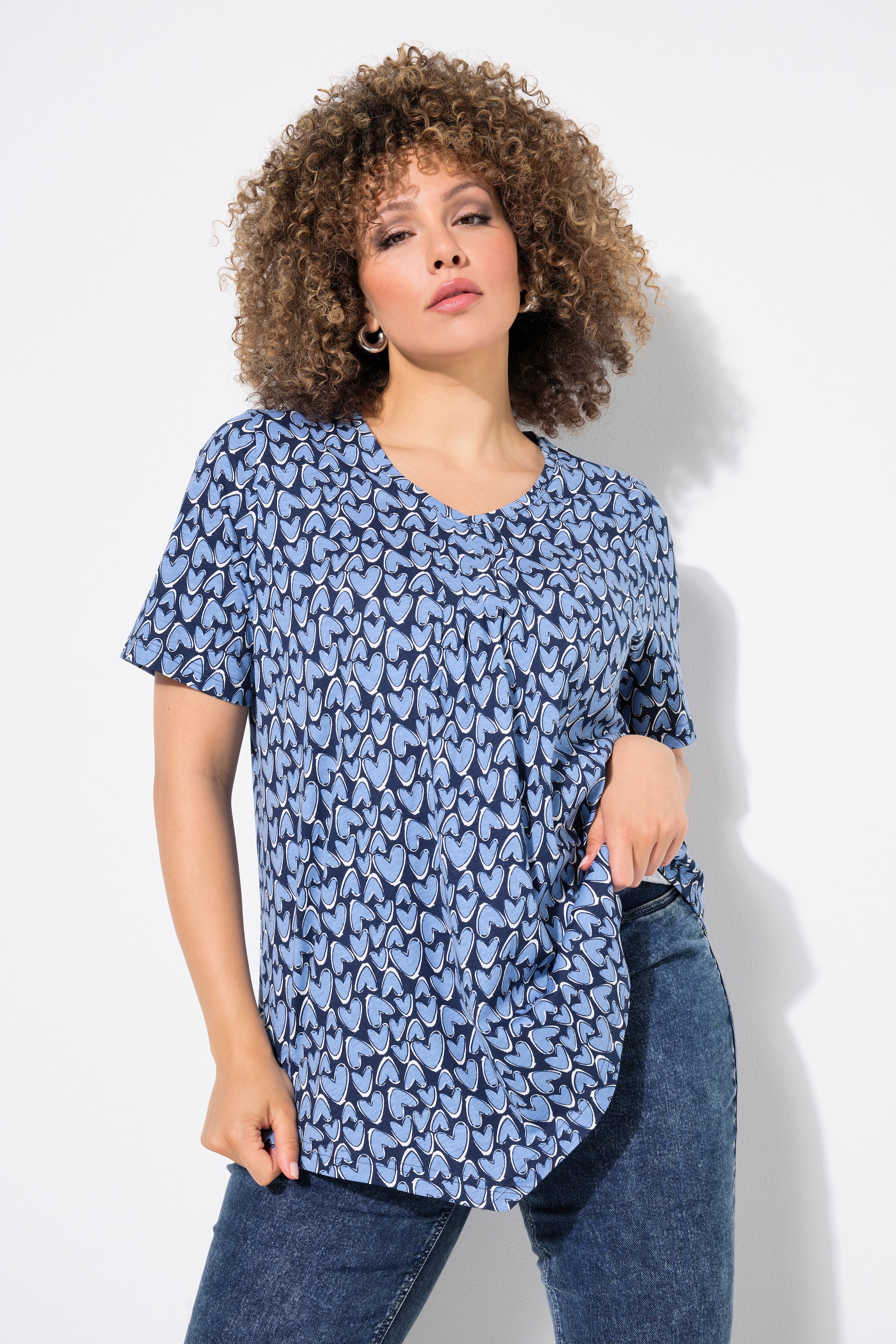 Ulla Popken Damen große Größen T Shirt Herzen Zipfelsaum V Ausschnitt