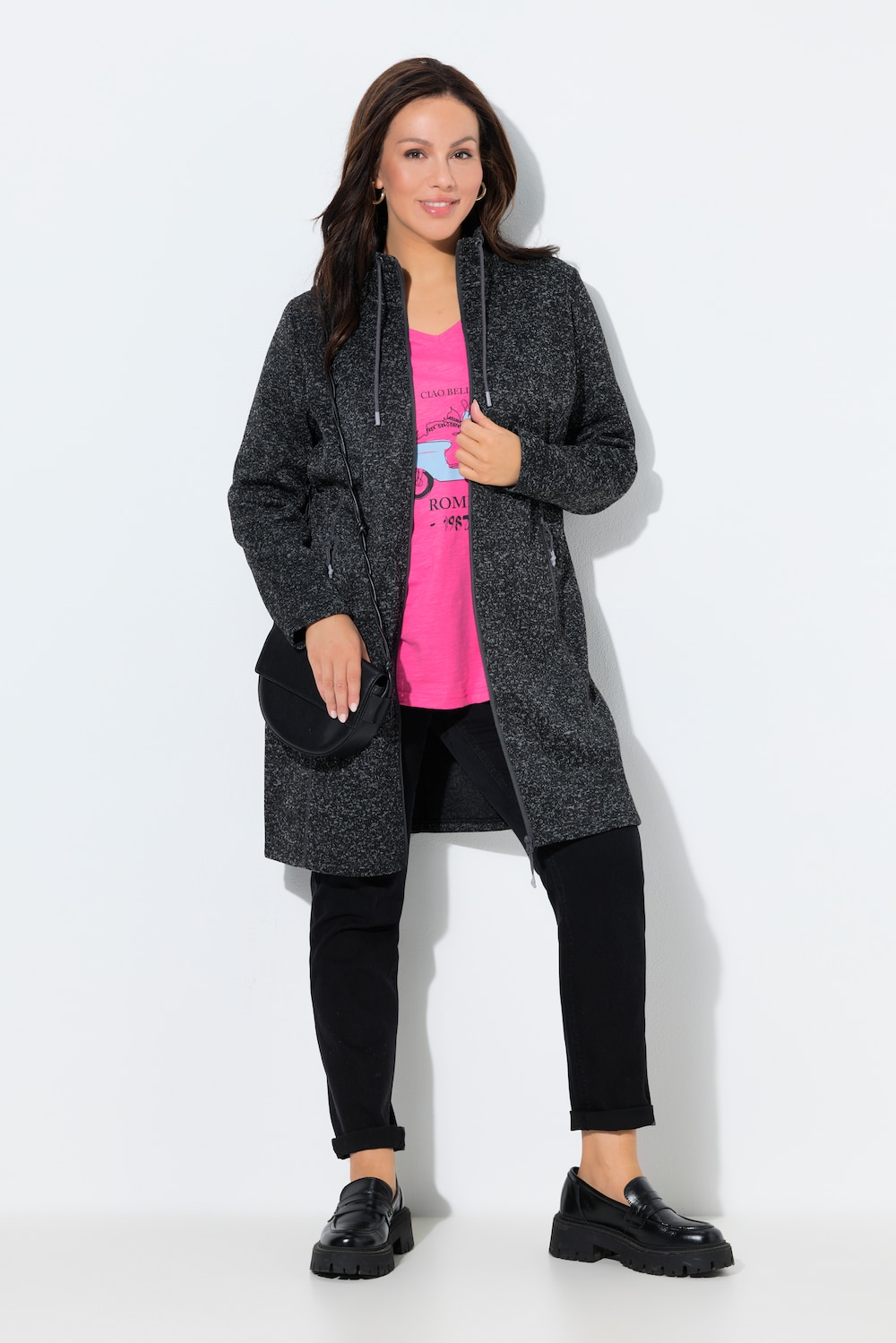 Jas van gebreide fleece, opstaande kraag, langer model, ritszakken