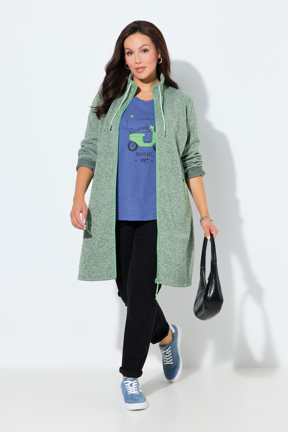 Jas van gebreide fleece, opstaande kraag, langer model, ritszakken