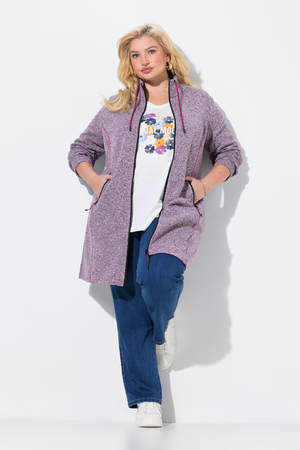Jas van gebreide fleece, opstaande kraag, langer model, ritszakken