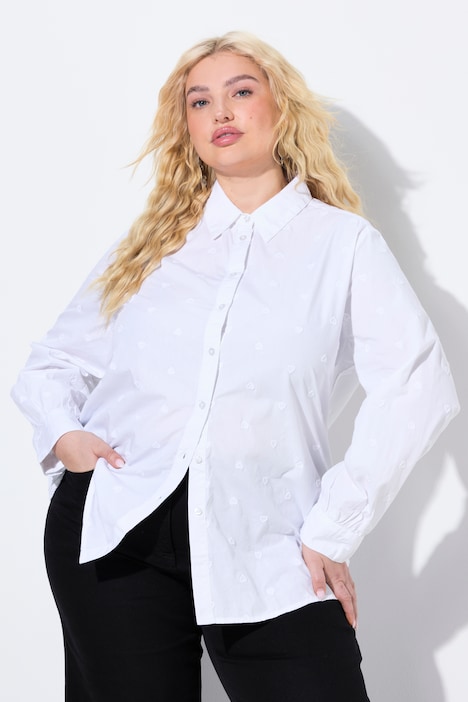 Camicia, ricamo cuore, linea ad A, collo a camicia, manica lunga