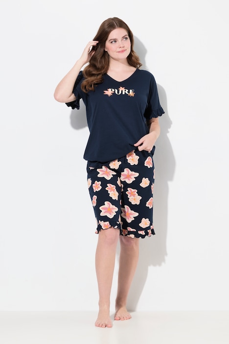 Short De Pyjama, Motif Floral, Ourlet À Volants, Coton Bio