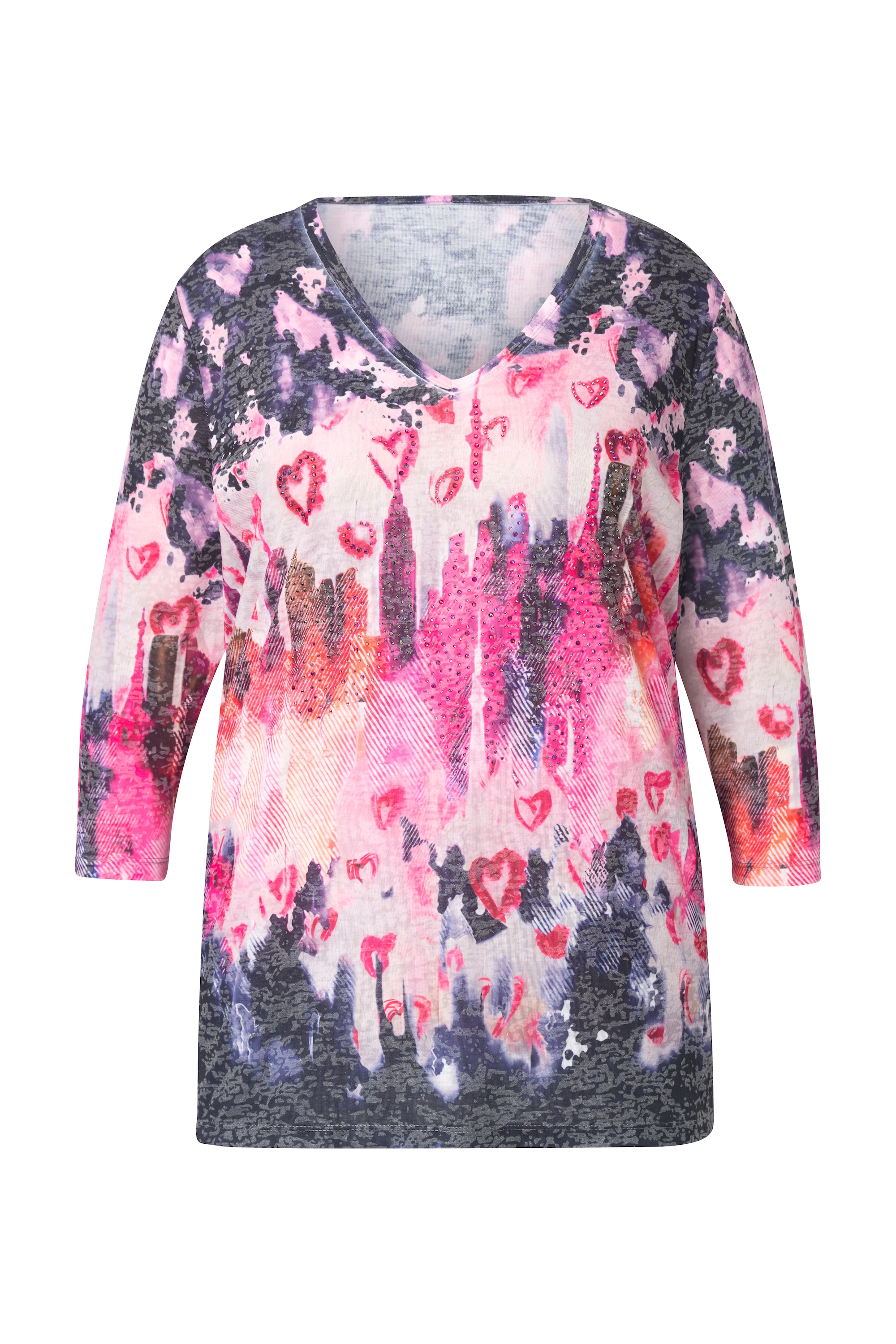 MIAMODA Damen große Größen T Shirt Batikmuster mit Herzen und Glitzer 837236