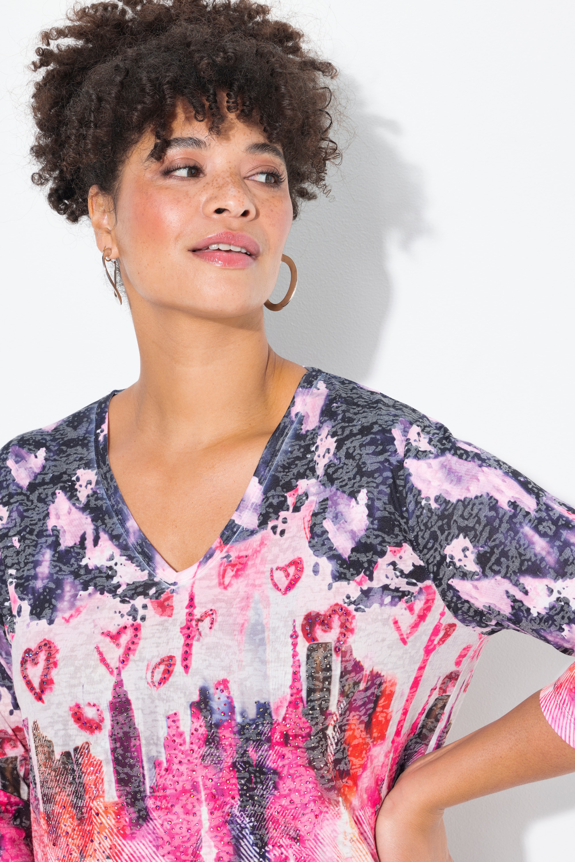 MIAMODA Damen große Größen T Shirt Batikmuster mit Herzen und Glitzer 837236