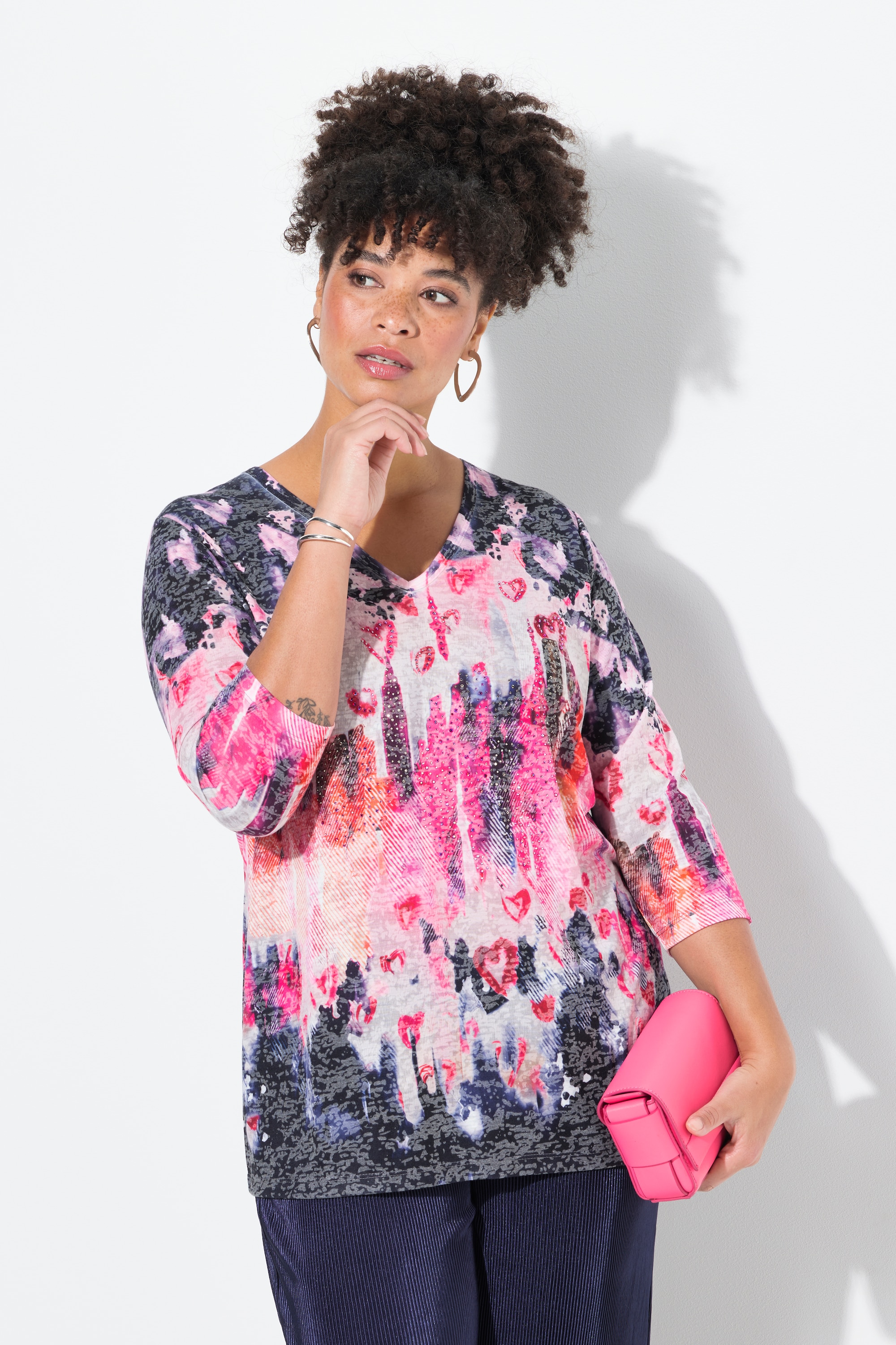 MIAMODA Damen große Größen T Shirt Batikmuster mit Herzen und Glitzer 837236