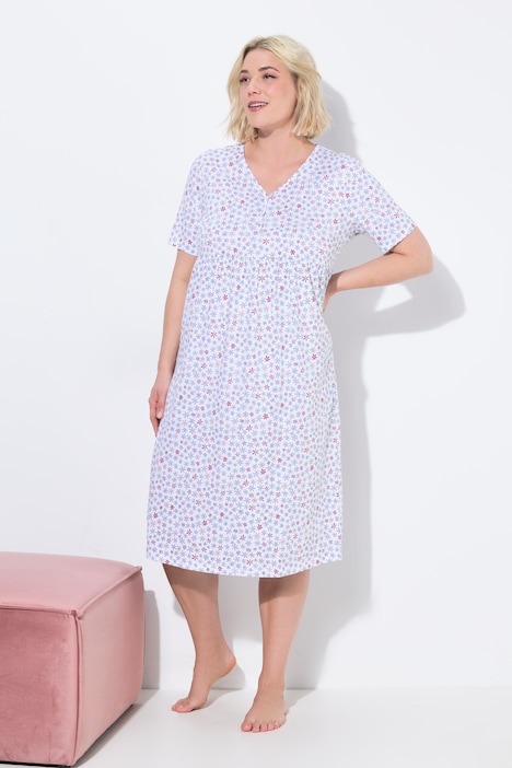 Chemise de nuit motif fleurs, décolleté en V et manches courtes