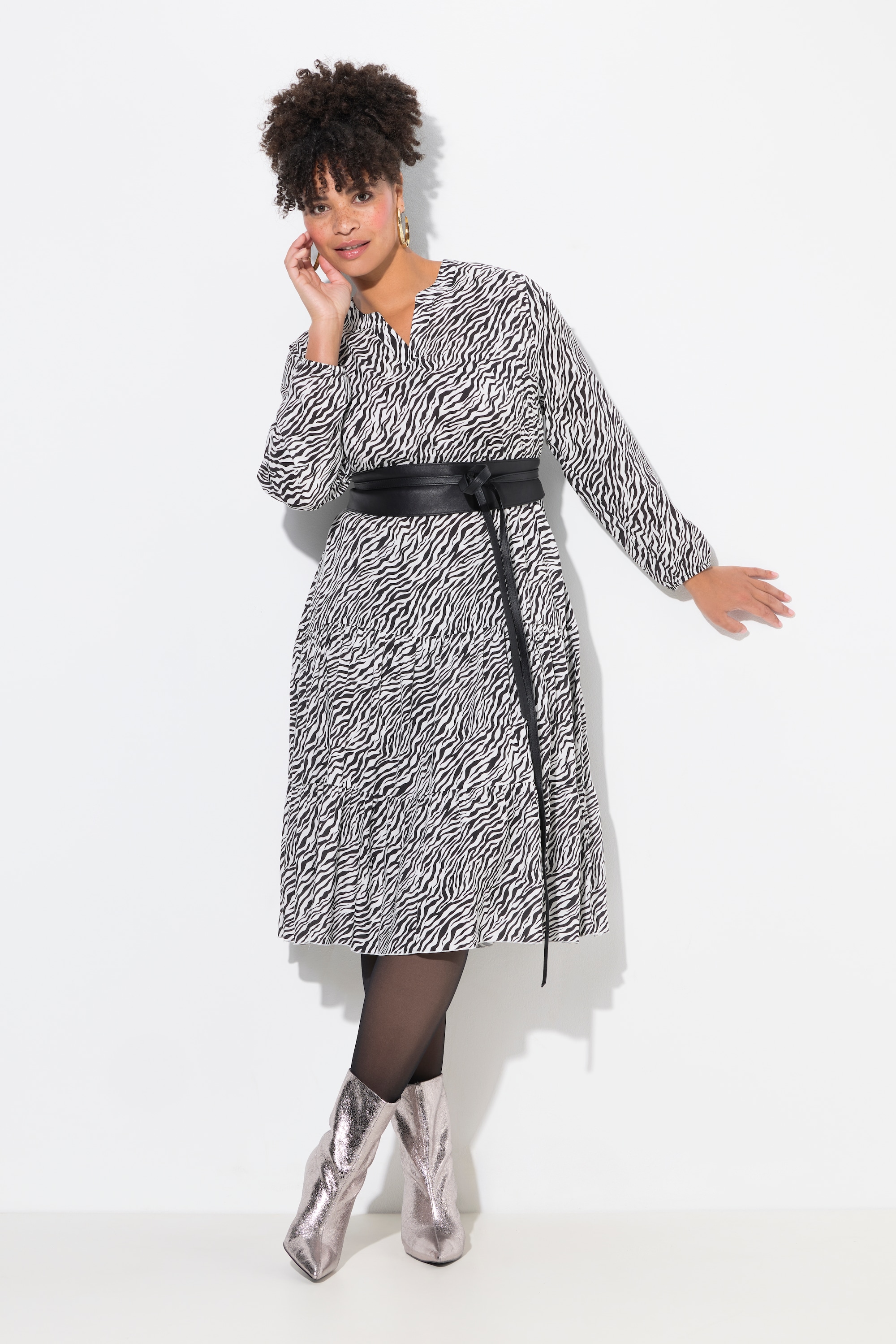 MIAMODA Damen große Größen Midikleid Zebramuster Saumvolants 837262