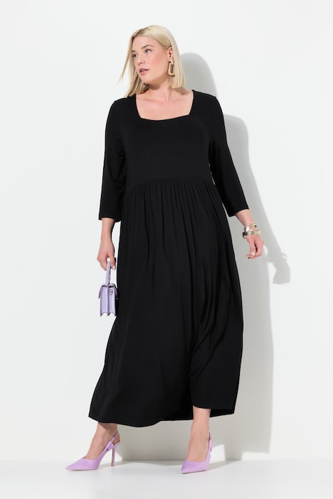 Square Neck Stretch Knit Empire A-line Pocket Dress