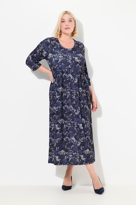 Matte Jersey Blue Floral Print Round Neck Empire Dress