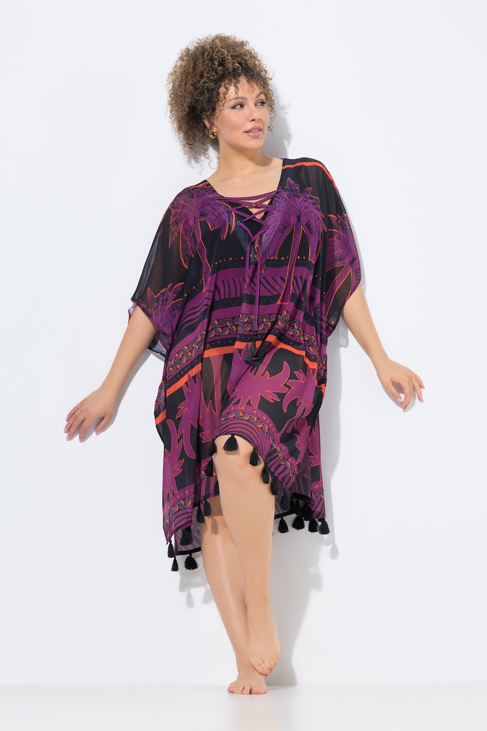 Tunika, Palmen, Oversized, Schnürung, Halbarm