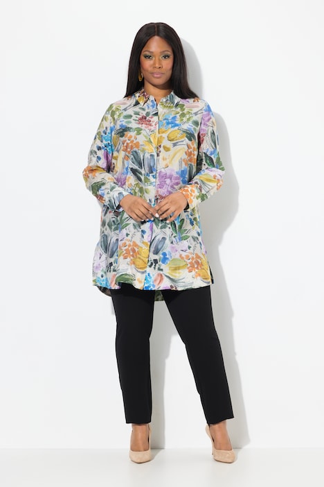 Watercolor Floral Long Sleeve Tunic Blouse