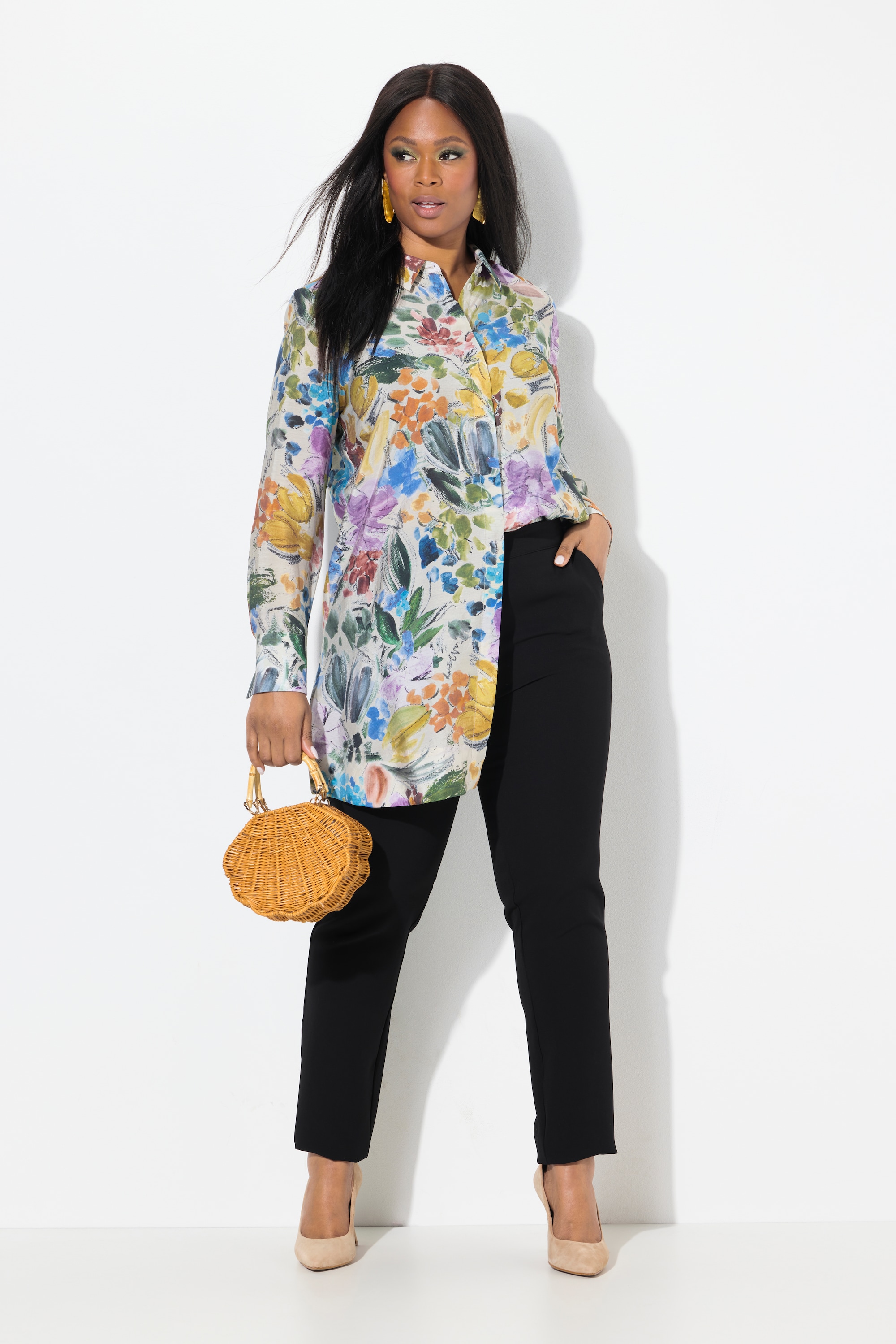Ulla Popken Damen große Größen Longbluse Modalmix Hemdkragen Langarm 837371