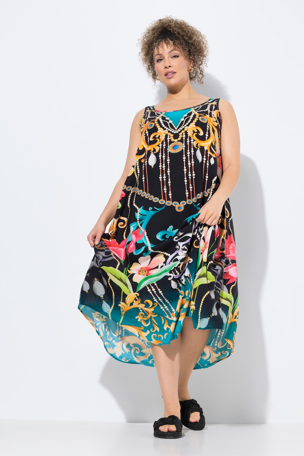 Kleid, Barock-Druck, A-Linie, Rundhals, ärmellos