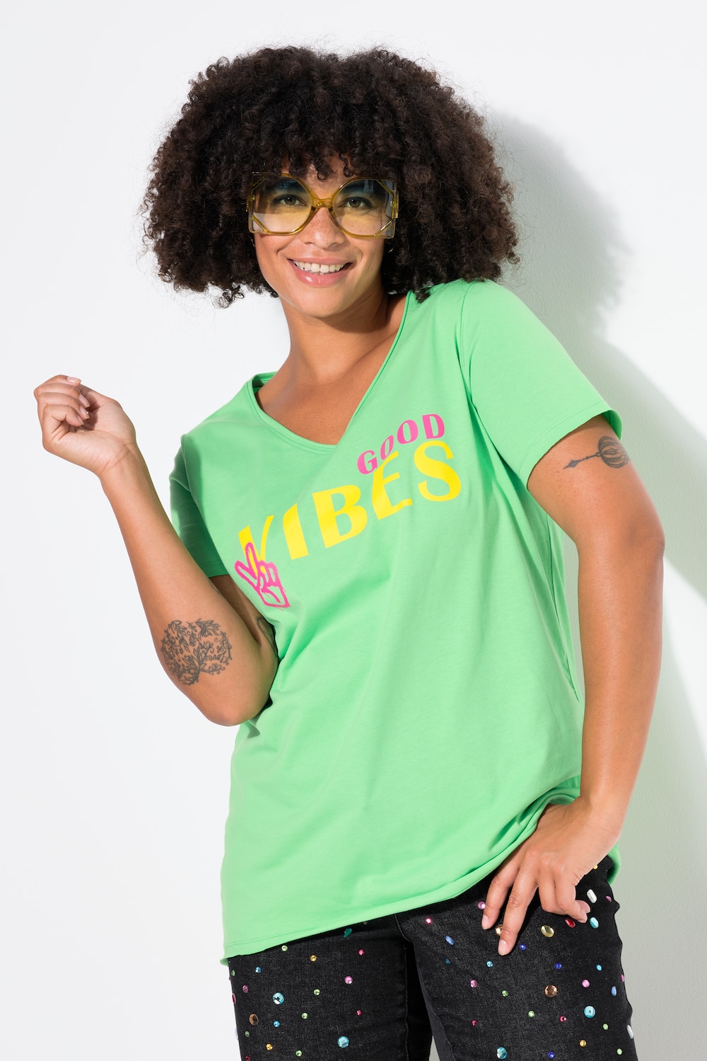 T-shirt, A-lijn, GOOD VIBES-motief