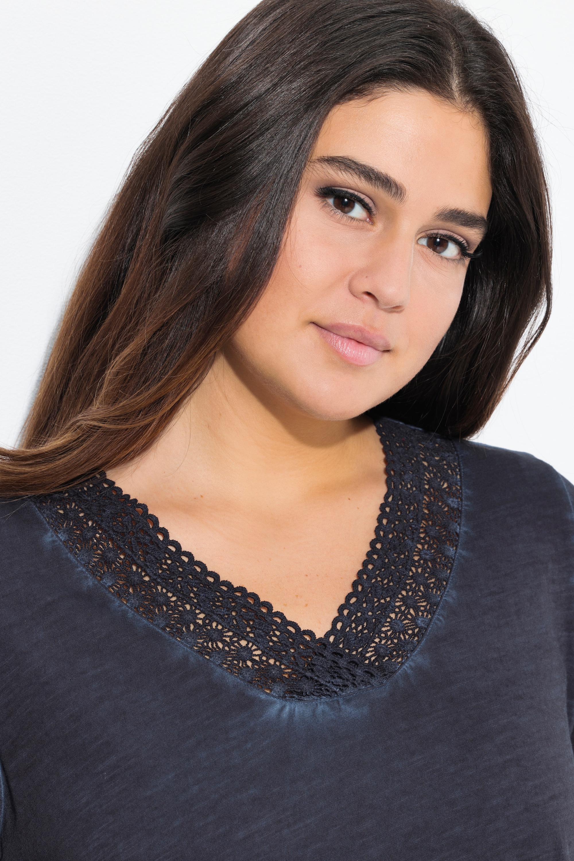 Ulla Popken Damen große Größen T Shirt Spitze Classic V Ausschnitt