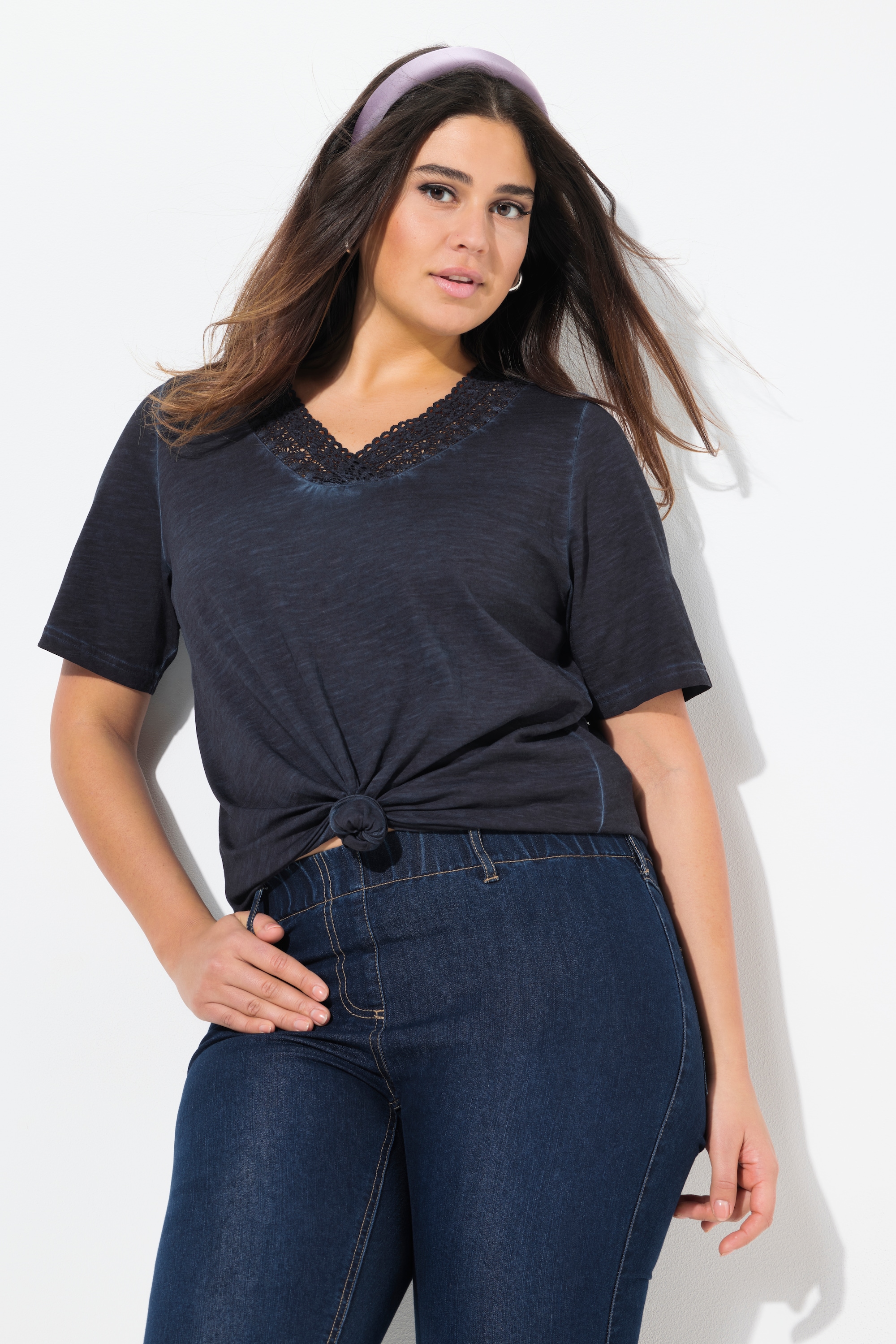 Ulla Popken Damen große Größen T Shirt Spitze Classic V Ausschnitt