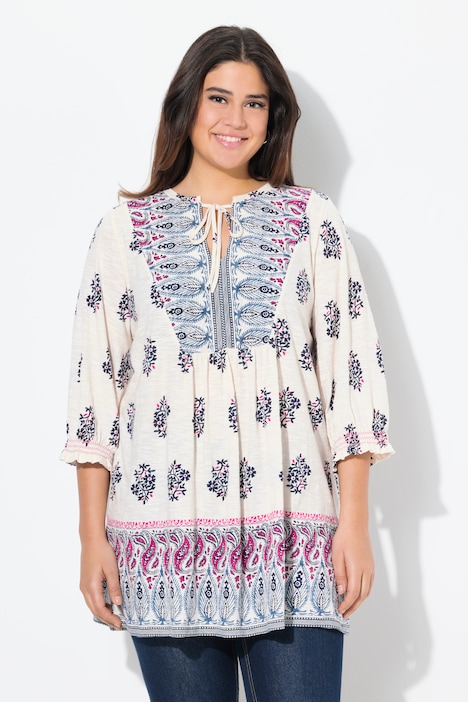 Mixed Print 3/4 Sleeve Split Neck Knit Tunic