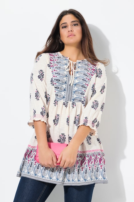 Mixed Print 3/4 Sleeve Split Neck Knit Tunic