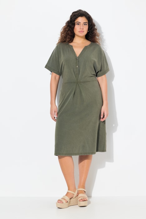 Cold Dyed Short Sleeve Split Neck Jersey Dress