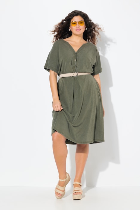 Cold Dyed Short Sleeve Split Neck Jersey Dress