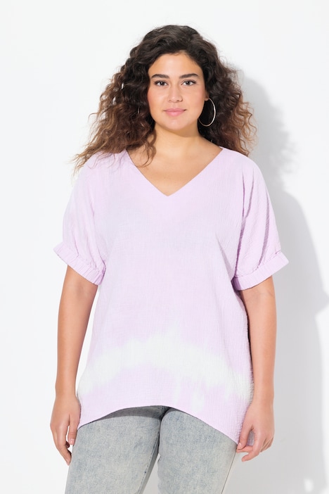 Mousseline overhemdblouse, oversized, V-hals, korte mouwen